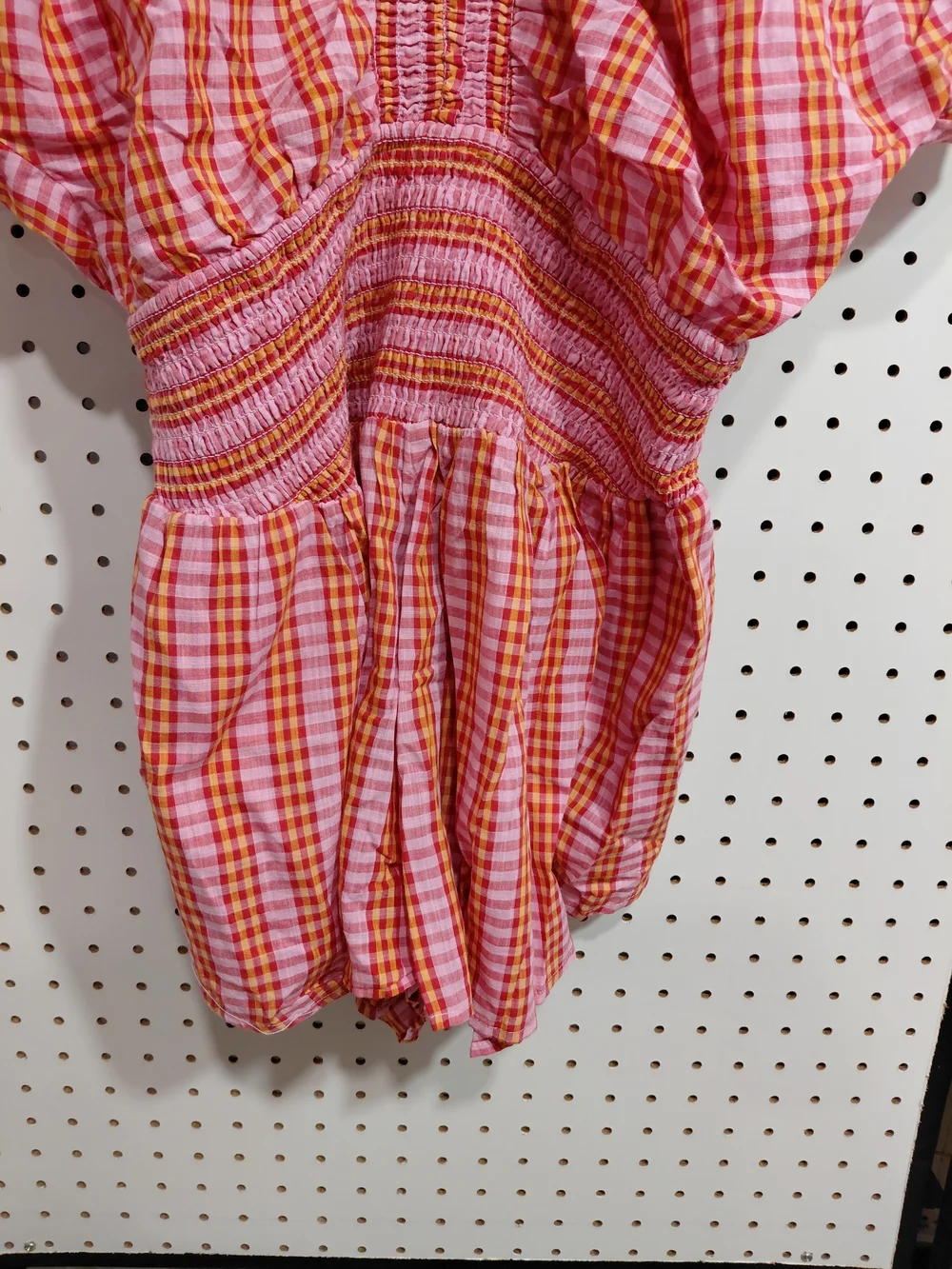Anthropologie Pink and Orange Plaid Puff-Sleeve Blouse